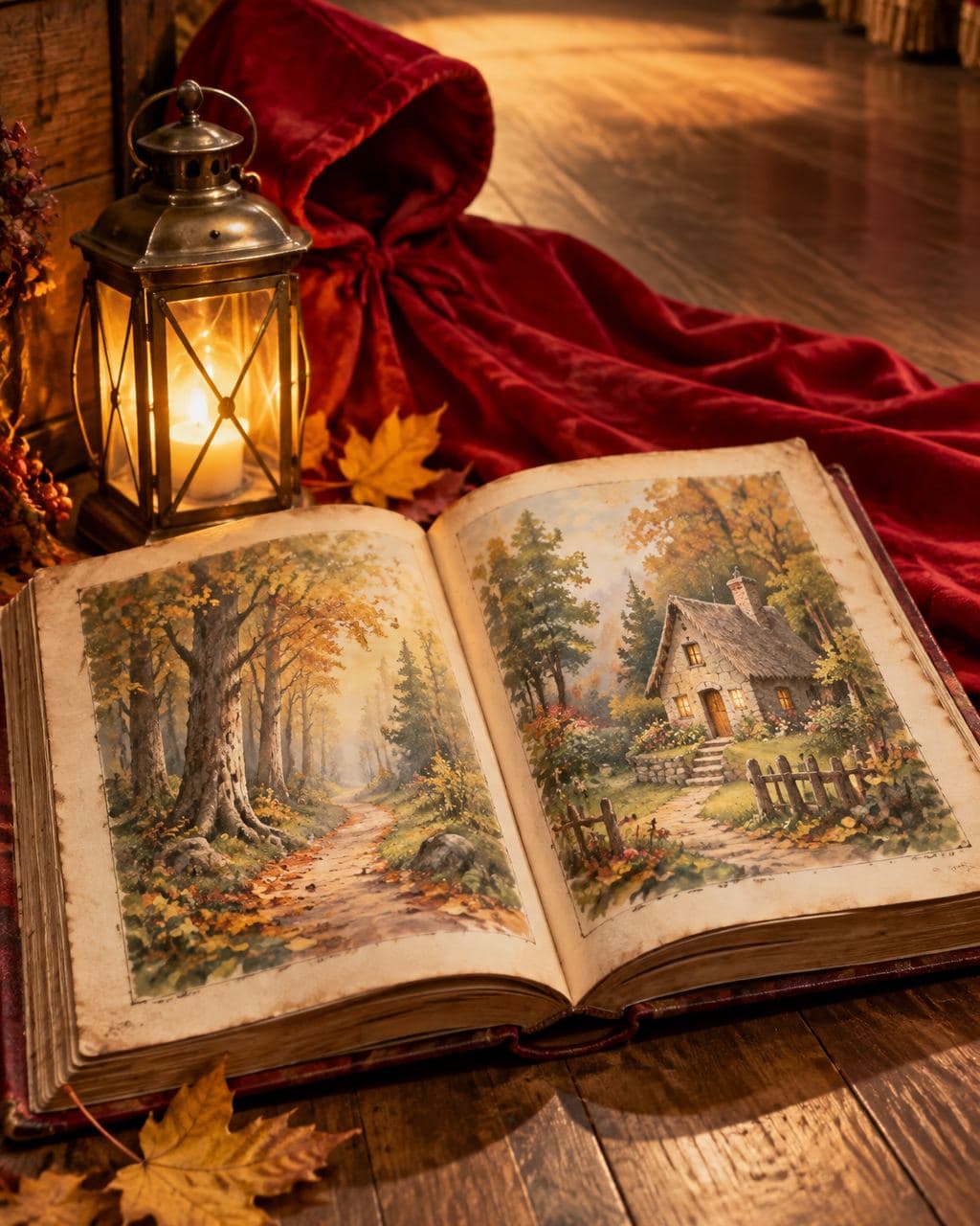 An open storybook of fairy-tale illustrations beside a lantern and a red cloak on a stage
