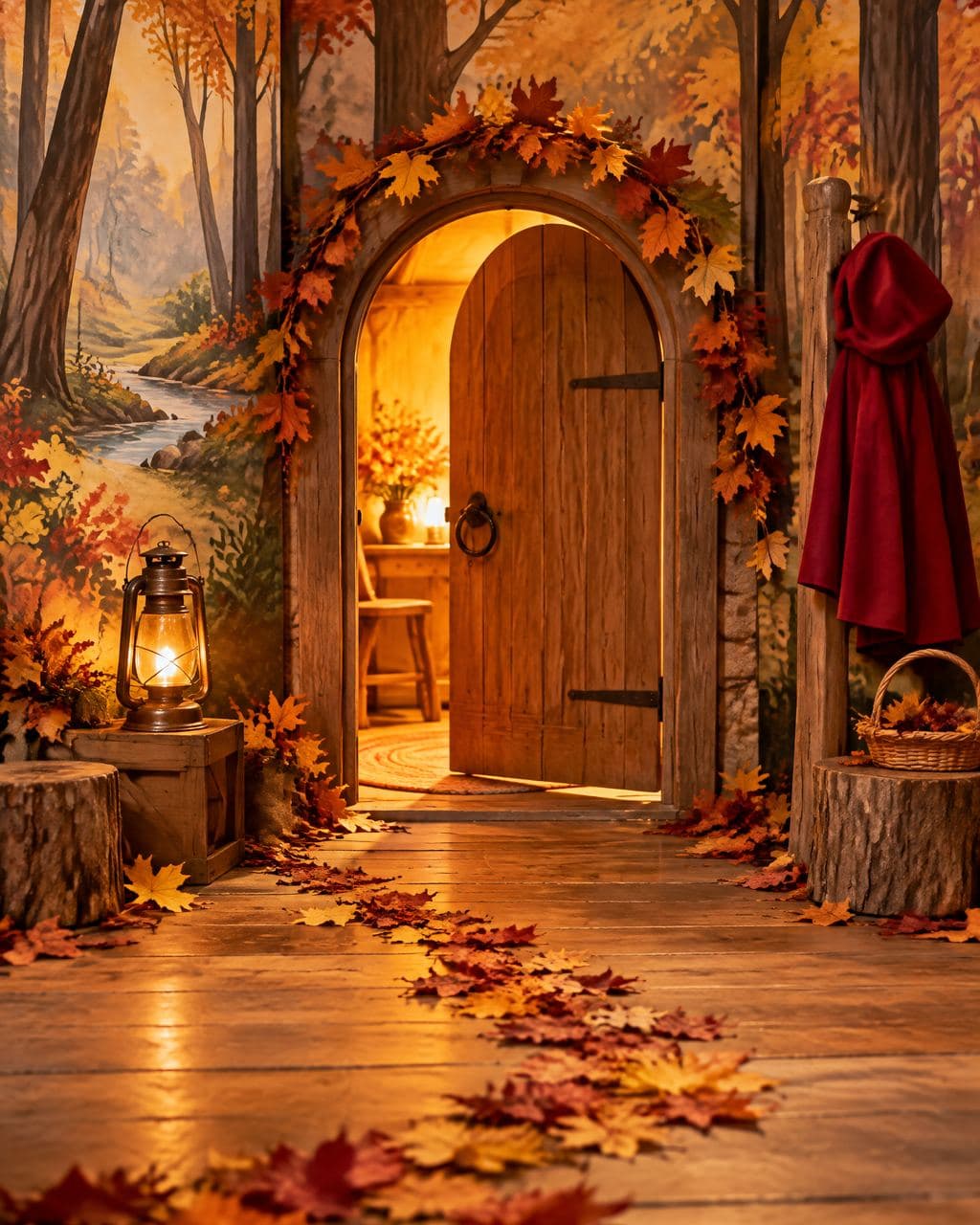 A storybook forest set with an arched wooden door, lanterns, a red cloak and a path of autumn leaves