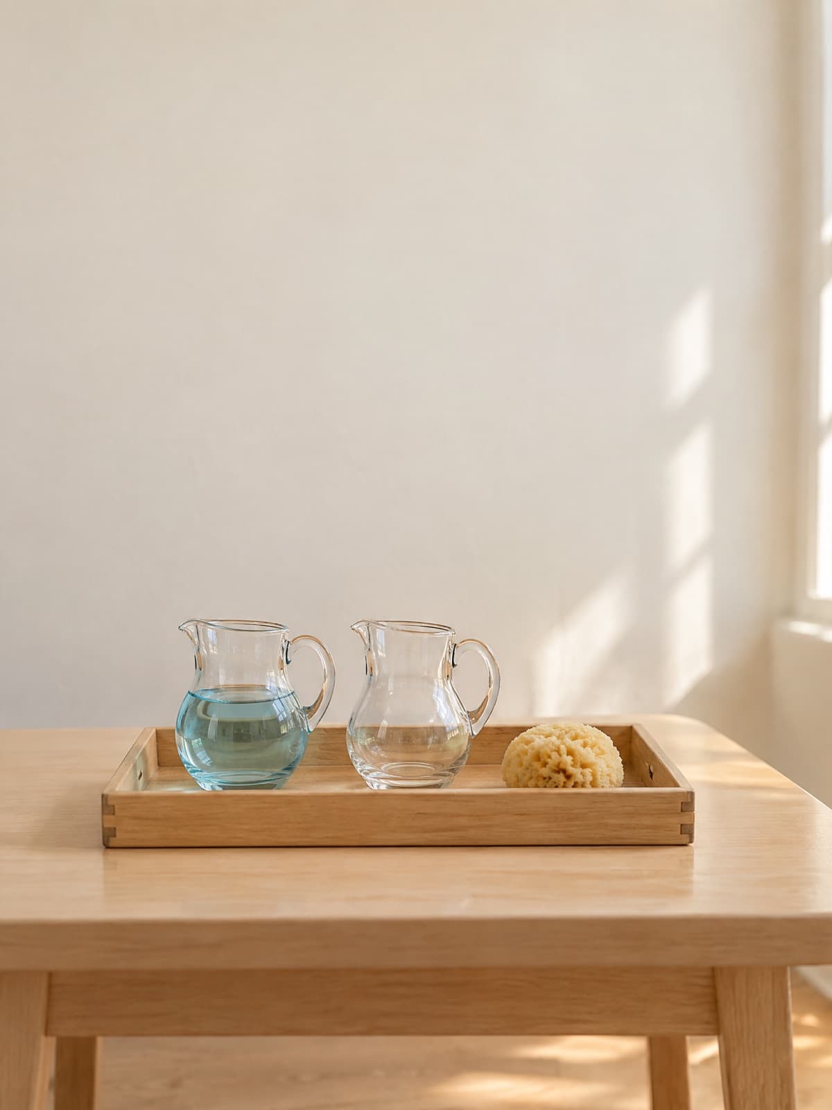 A Montessori pouring tray: two small glass pitchers and a sponge on a child-size table