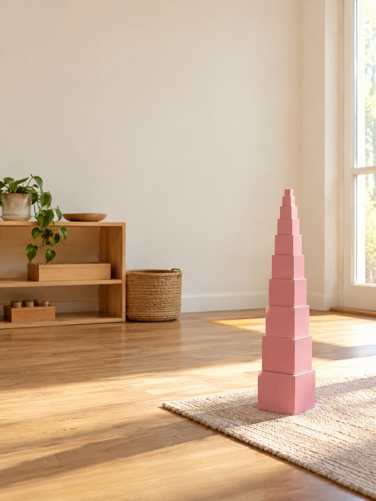 A Montessori pink tower of wooden cubes standing on a rug in a sunlit room